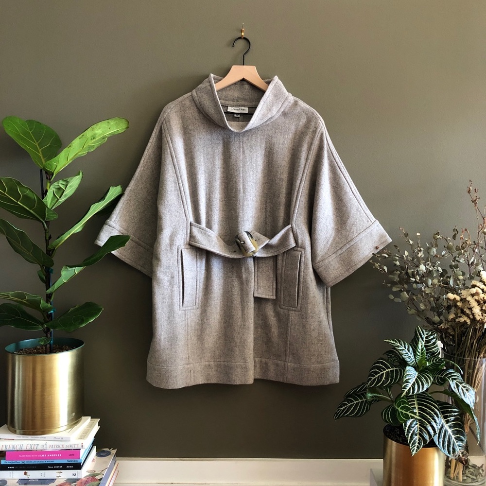 Calvin Klein Oversized Grey Wool Belted Dress
